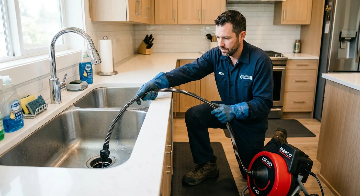 Drain cleaning technician using a motorized snake on a kitchen sink in Hillcrest