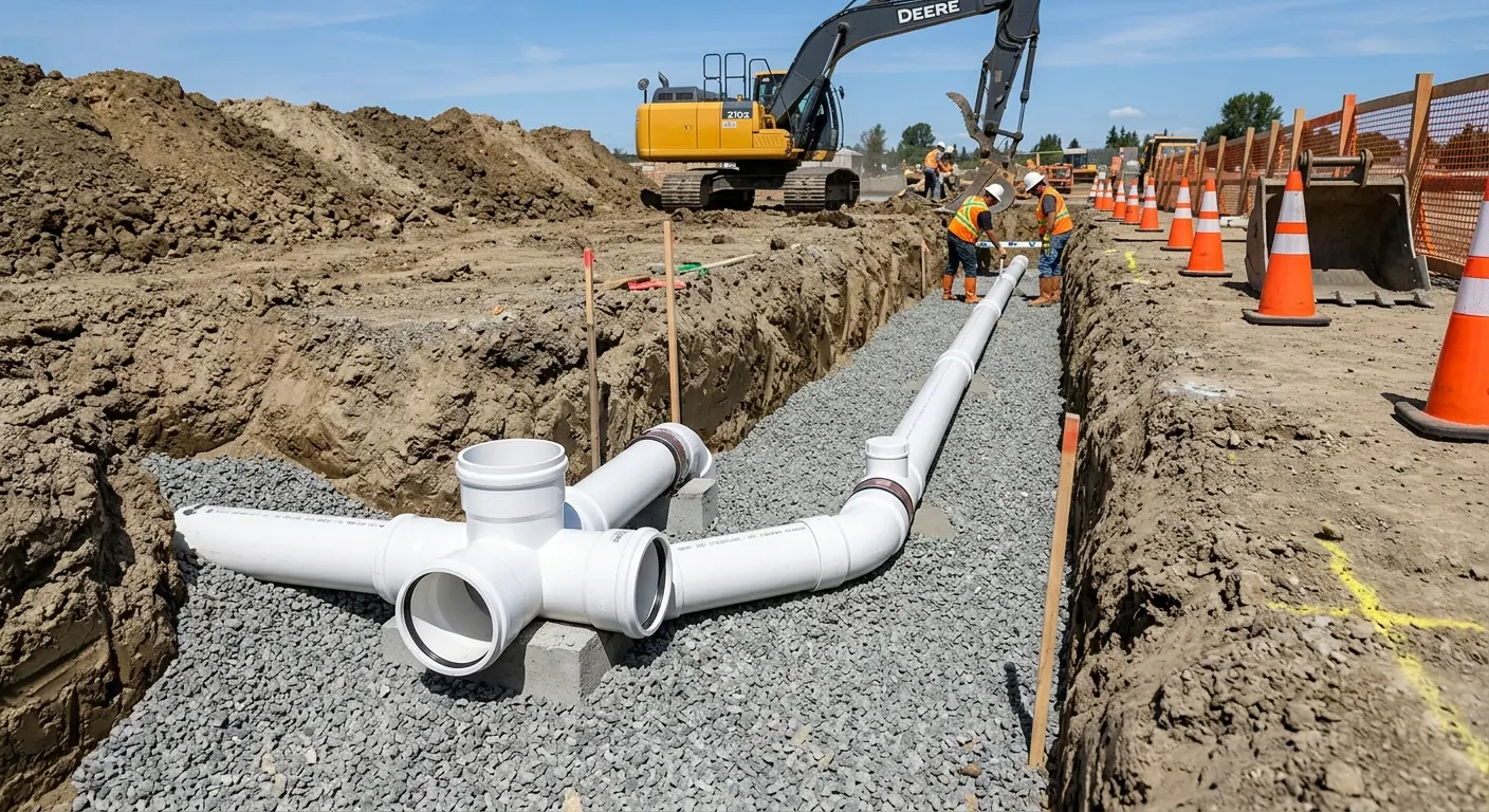 New PVC sewer pipe installation in open trench for Sewer Backup in Hillcrest