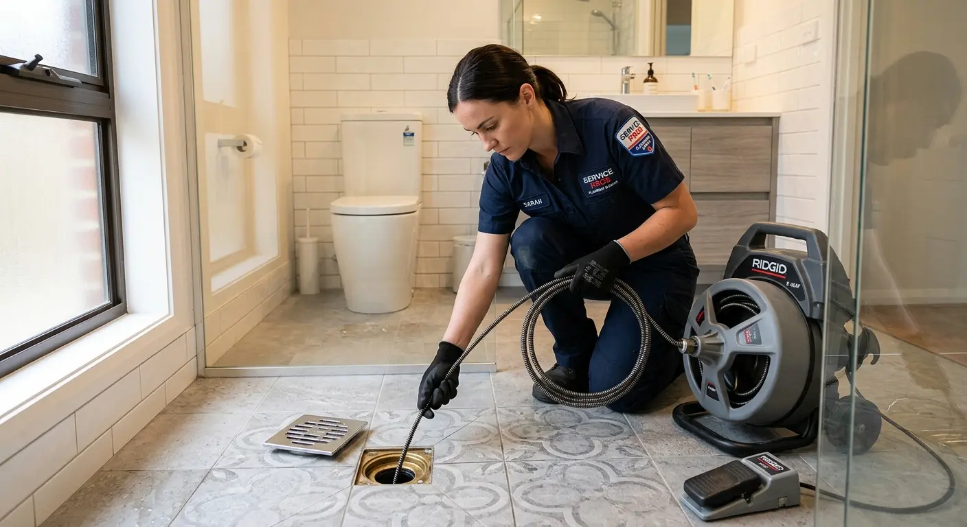 Technician clearing a bathroom floor drain for Sewer Line Installation in Hillcrest